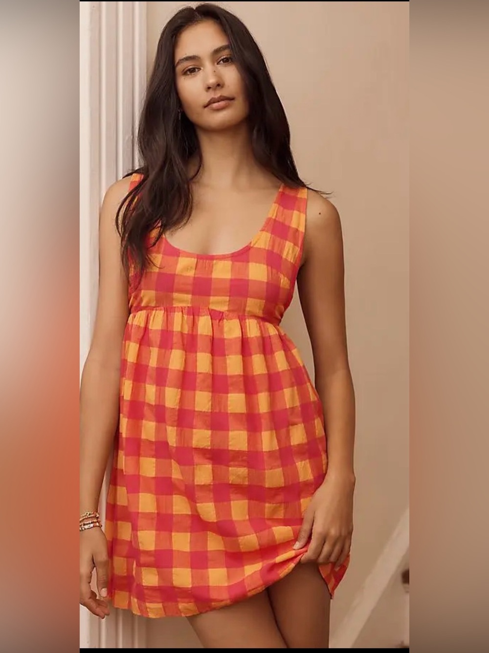 By antropologie Sleeveless Gingham Babydoll Mini Dress in Coral & Yellow